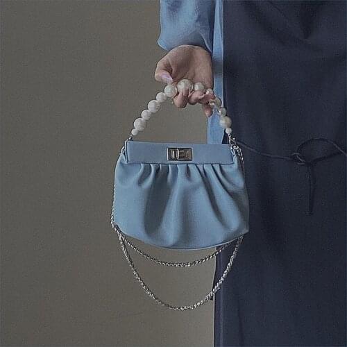 2021new pattern PU Leather Womens small handbag Cloud Folds Design soft skin summer bag Pearl chain niche shoulder bag