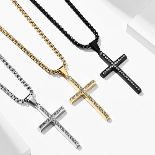 2021 New Arrival Trendy Jesus Cross Link Chain For Men Pave Cubic Zirconia Stones Pendant Necklaces Stainless Steel Best Present