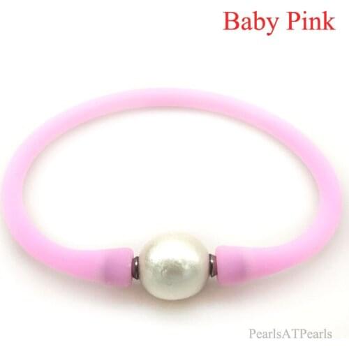 7 inches 10-11mm One AA Natural Round Pearl Baby Pink Elastic Rubber Silicone Bracelet For Women