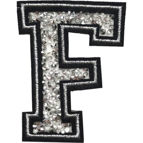 F Letter Hot Fix Rhinestone Patches Sew Iron On Alphabet Badges Embroidered Appliques Black For Bag Jeans Hat T Shirt DIY