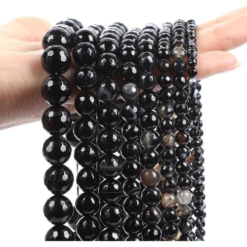 Faceted Black Stripe Agate Onyx Natural Stone Beads Round Loose Spacer Bead For Jewelry Making DIY Bracelet Strand 4/6/8/10/12MM