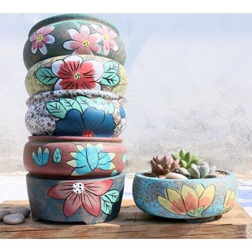 Retro Floral Flowerpot Hand Painted Succulent Plant Pot Vase Basin Flower Green Plant Container Handmade Crafts Home Garden