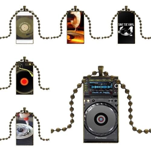 For Unisex Gift Glass Cabochon Jewelry Bronze Color With Long Pendant Choker Rectangle Necklace Classic Technics Turntables Dj