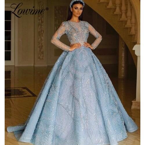 Dubai Blue Pearls Evening Dresses Islamic Turkish Women A-Line Party Gowns Arabic Prom Dresses Long Robe De Soiree 2020 Couture