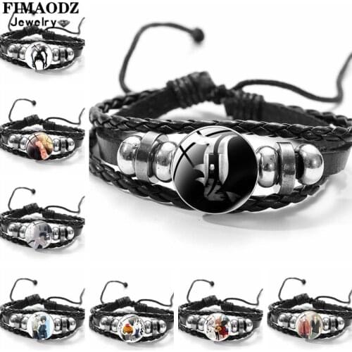 FIMAODZ Death Note Bracelet Cosplay Light Yagami Anime L·Lawliet Glass Button Charm Leather Bracelets Bangles for Men Women