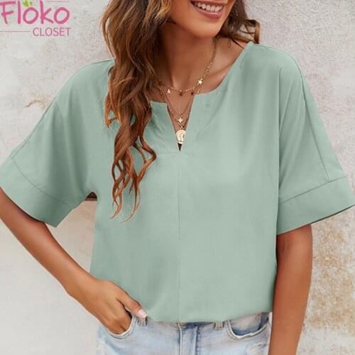 Flokocloset Summer V-Neck Short Sleeve T-shirts Casual Solid Color Women Basic Harajuku Tops Tees