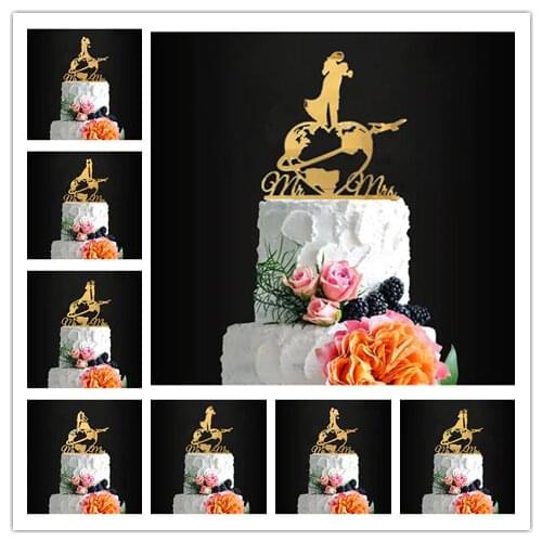 World Map Wedding Cake Topper, Mr and Mrs Travel World Map Wedding Cake Topper,Mirror Gold World Map with Couples Cake Decor