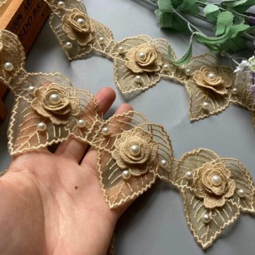 10X Gold 7*8cm 3D Heart Pearl Flower Lace Trim Embroidered Lace Ribbon Handmade Wedding Dress Patchwork Sewing Supplies Craft