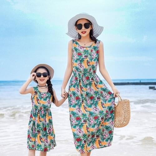 2021 Mother Daughter Dress Family Matching Outfits sleeveless Floral Dress Summer Girl Women Boho Loose Dresses Sundress Clothes