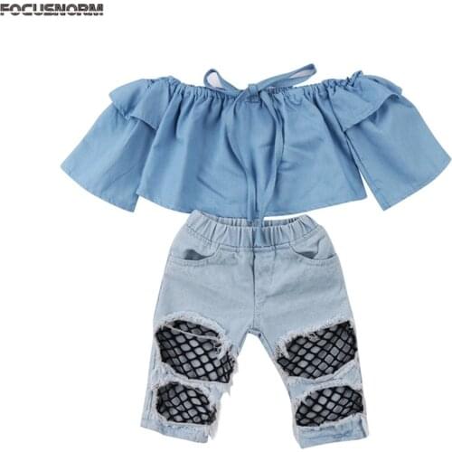 Fashion Pretty Summer Toddler Baby Girls 2PCS Sets Long Sleeve Off Shoulder Blue Loose Tops Hole Denim Pants Outfit 6M-4Y