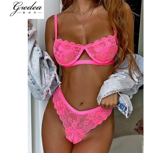 Fashion Summer Thin Lace See-Through Sexy Womens Underwear Set Underwire Gather Two-Piece Bra And Panties Erotic Lingerie Suit