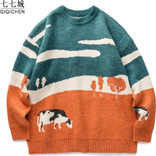 Men Cows Vintage Winter Sweaters Knitted Pullover Mens O-Neck Korean Patchwork Sweater Women Casual Harajuku Oversized Tops