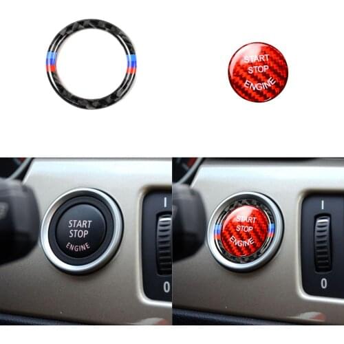 Carbon Fiber Car Engine Start Stop Ignition Button Cover Auto Interior sticker Trim key Ring Fit For BMW E90 E92 E93 E89