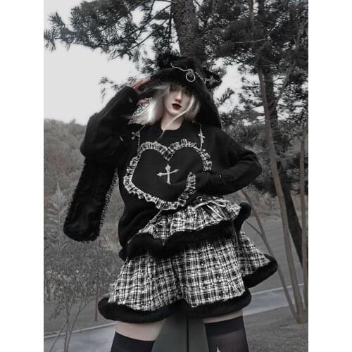 Original Japan Gothic Dark Black Womens Cake Skirt Winter Hairy Patch Black White plaid Empire Lace-up Waist ball Gown Skirt