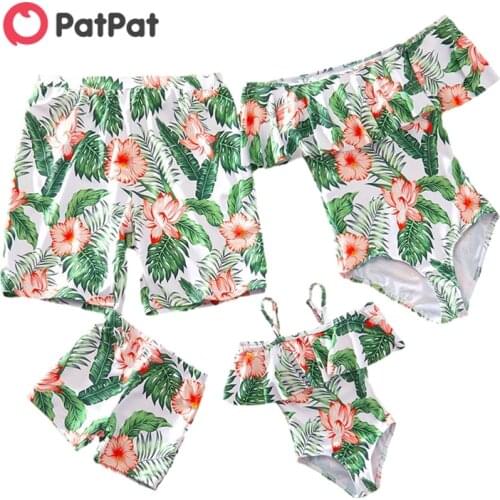 PatPat 2021 New Arrival Summer Leaf and Floral Print Off Shoulder Family Matching Swimsuits Family Look
