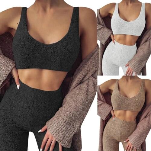 Sexy Women Plush Sleeveless Tank Top+ Trousers V-neck Navel Simple Solid Color Home Clothes 2020 New Fashion