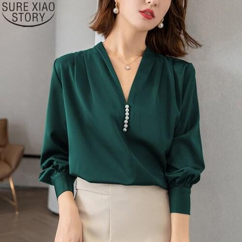 New Autumn Korean Fashion Women Shirts Satin Blouse Long-sleeve Tops Solid Temperament Beading Elegant V-neck Chic Blouses 16500