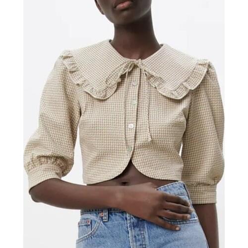 ZA New Summer Women Blouse Plaid Printed Half Sleeve Shirt Office Lady Female Loose Thin Top Single Breasted Blouse