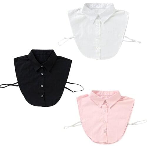 Women Plain Solid Color Cotton Fake Collar Curved Hem Pointed Lapel Half-Shirt 649C