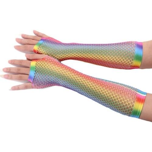 Womens Girls Hollow Out Holes Gloves Rainbow Printed Fingerless Mesh Net Fishnet