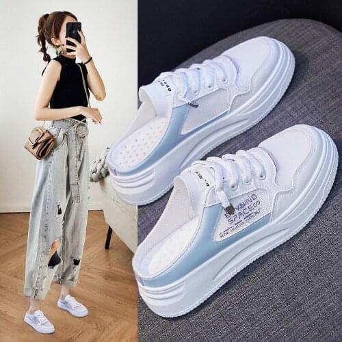 2021 summer new fashion student breathable white shoes female ins thick-soled muffin half-support casual net shoes F07