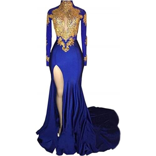 Womens Mermaid High Neck Prom Dress 2020 New Gold Applique Long Sleeves Split Evening Gowns Royal Blue Sweep Train Prom Dresses
