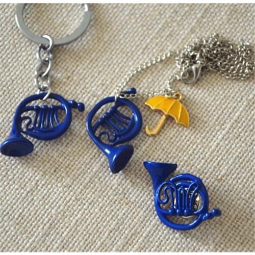 3pcs TV Show How I Met Your Mother Blue French Horn Necklace Pendant Badge Brooch Keychain Keyring Cosplay Prop Decor Boy Girl