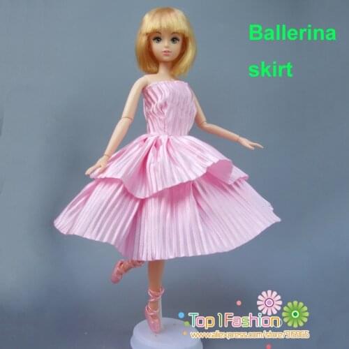 Free shipping 1pieces quality full around short ballet pink dress for barbie doll dress