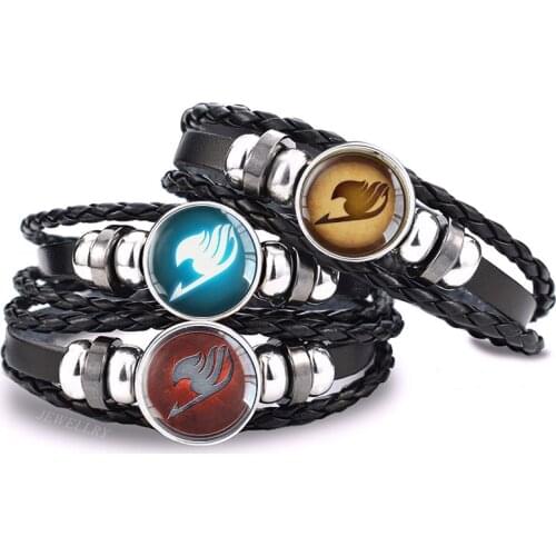 Fairy Tail Guild Logo Bracelet Black Leather Punk Bracelets Anime Glass Cabochon Jewelry Men Cosplay Lover Gift