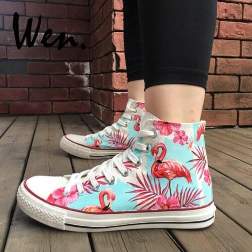 Wen Hand Painted Skateboarding Shoes Design Fluorescent Pink Flamingos Palm Leaves Flowers High Top Canvas Sneakers Unique Gifts