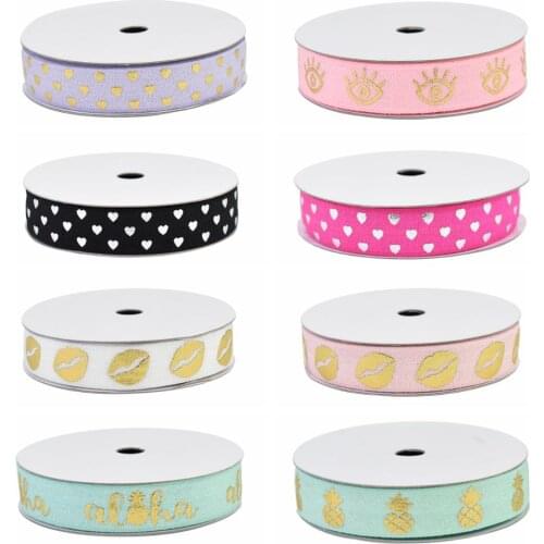 HSDRibbon 5/8 inch 16MM foil Love Heart and pineapple printed on fold over elastic