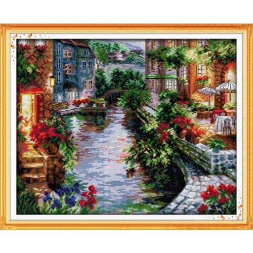 Joy Sunday Lakeside Houses Cross Stitch Print On Canvas DMC 14CT Scenery Cross Stitch Embroidery Cross Stitch Kit For Home Decor