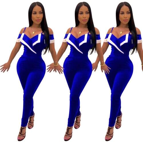 Sexy Women Jumpsuit Off Shoulder Sleeveless Deep V-neck Bodysuit Color Patchwork Skinny Long Romper Women Jumpsuit Overalls