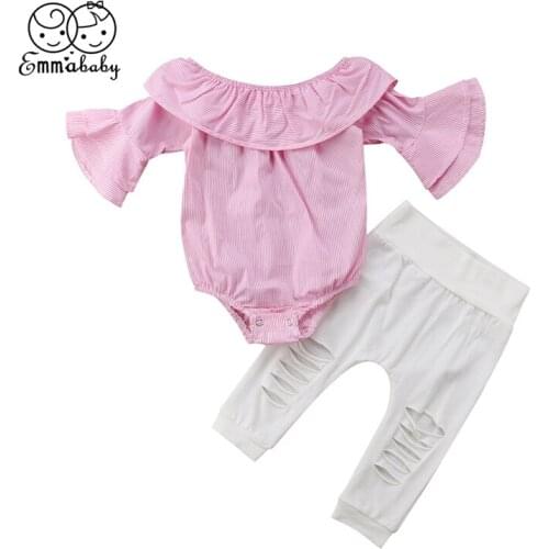 2PCS Newborn Baby Girl Clothes Set Toddler Kid Off Shoulder Stripe Flare Sleeve Bodysuit Hole Pants Panties Summer Outfit