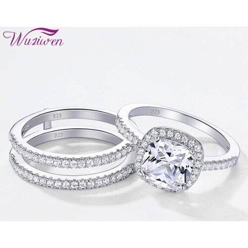 Wuziwen Solid 925 Sterling Silver Halo Cushion Cut Engagement Ring Set For Women Guard Wedding Band AAAAA Zircon Luxulry Jewelry