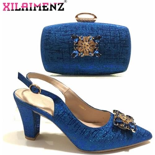 Hot Selling Royal Blue African Matching Shoes and Bag to Match Italian Style With Shinning Crystal Peep Toe Italian Design Shoes