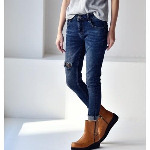 MICOCO N9135C Korean fashion wash white personality holes stretch slim skinny jeans