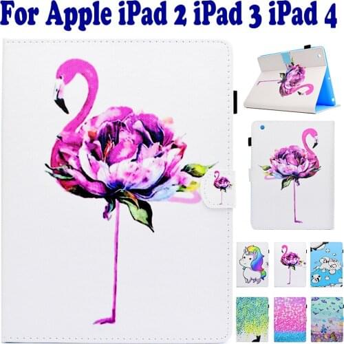 Fashion Color Flamingo Unicorn Painted Flip PU Leather Stand Case For Apple iPad 2 iPad 3 iPad 4 Tablet PC Cute Case Cover capa