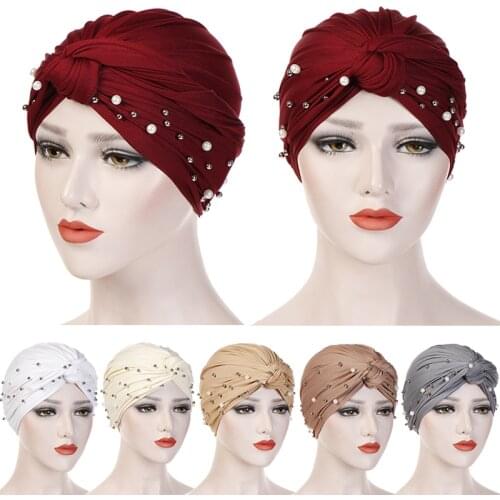 Muslim turban cap women twist cotton pearl turban bonnet Hijab scarf mujer india head wrap scarf stretch beanie hair accessories