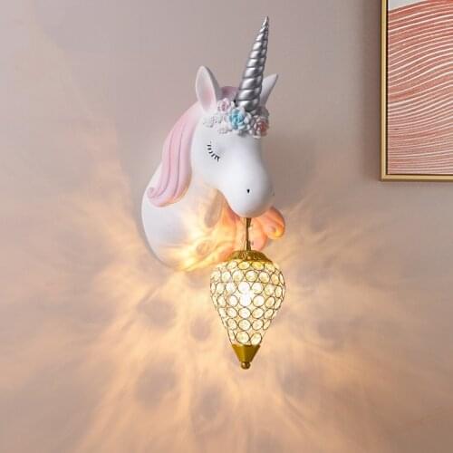 Nordic Resin Unicorn Wall Lamp Modern Crystal Wall Lamps For Living Room Bedroom Childrens Room Decor E27 Bedside Wall Light