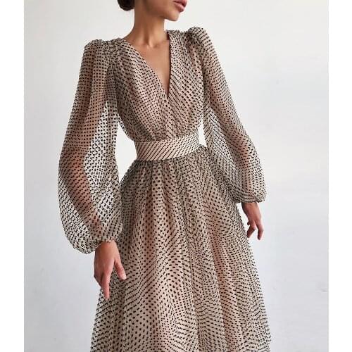 Elegant Sexy Deep V Neck Dot Banquet Woman Dress 2021 Spring Puff Sleeve Long Party Dress Women Casual Slim Ball Gown Dresses