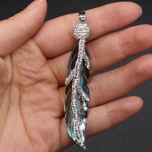 Natural Abalone Shell Diamon-Studded Necklace Pendant Leaf Shape Pendant for Jewelry Making DIY Necklace Size 15x75mm