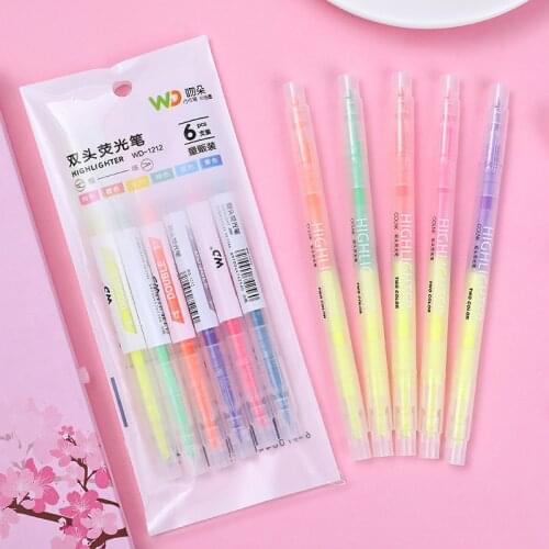 60pcs high quality simple Highlighter Pen double head writing 2 in 1 marker Pen student 6 Colors learning Mark Pen 10 bags