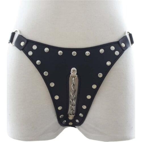Sexy Women Faux Leather Cut Out Peek a Boo Thong with Chain Stud Detail Underwear Panties G-String Fetish Wear Lingerie