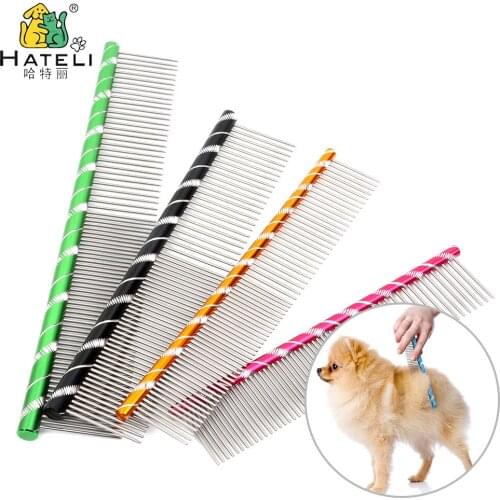 Hateli Nice Carven Handle Pet Comb Multi-Colored Grooming Dog Brush Stainless Steel Combs For Shaggy Cat Dogs Stripe DeShedding