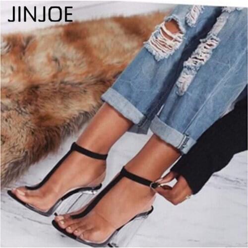 JINJOE Gladiator sandals ladies pumps high heels shoes woman Clear Transparent T-strap party wedding dress thick Crystal heel