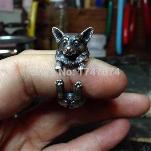 Welsh Corgi dog women rings animal fashion jewelry antique silver gun black plated