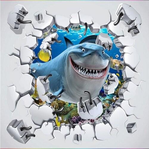 Wellyu Custom large-scale mural pvc underwater world shark 3D three-dimensional oil painting thick wear-resistant floor stickers