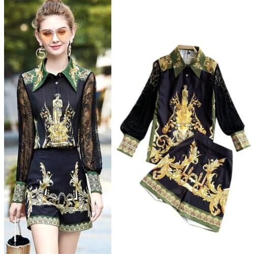 Limited designer fashion show womens fashion retro golden floral retro printed shirt + party shorts pants suit NS750