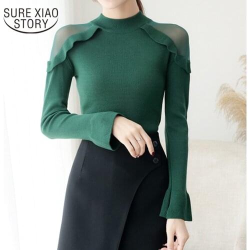 Flare Sleeve Off Shoulder Ruffles Sweater Korean Autumn Women Sweaters Turtleneck 2021 New Fashion Slim Pull Femme 6387 95